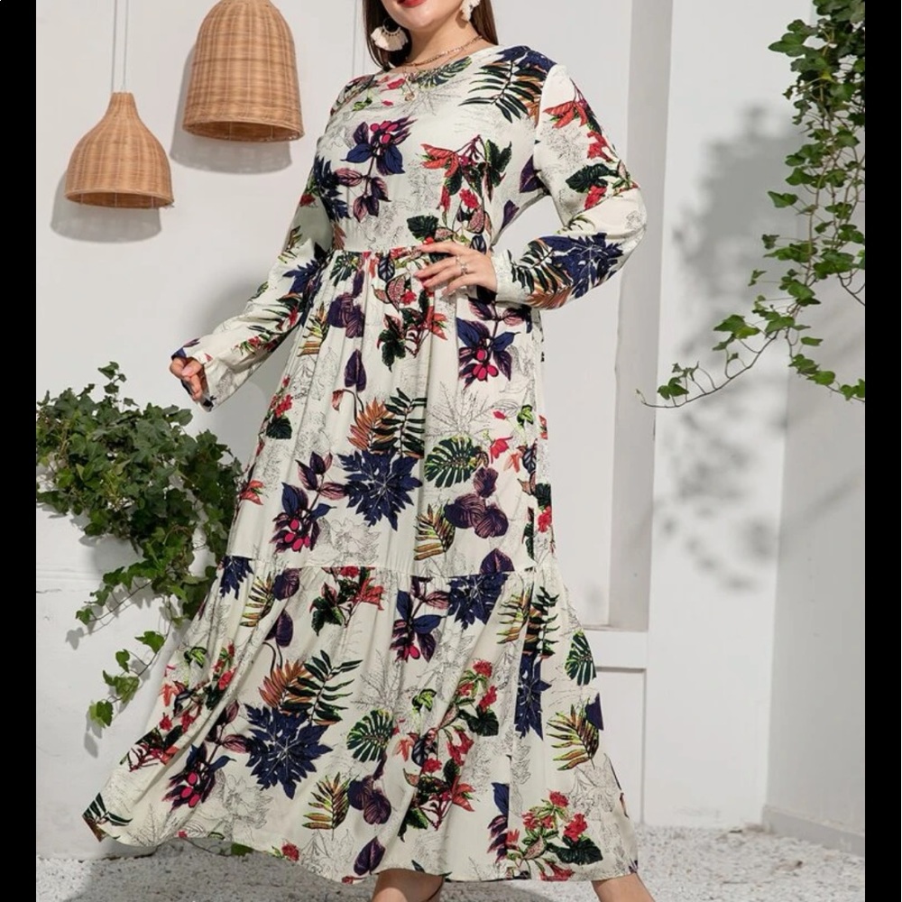 Boho Plus Size Tropical Floral Print Ruffle Maxi Dress NO BELT - Picture 1 of 7